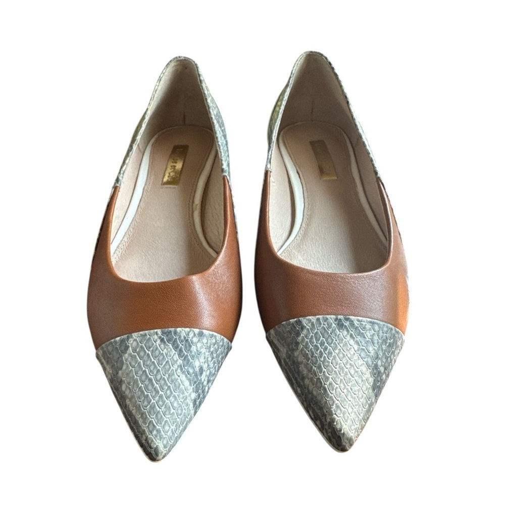 Louise et Cie Pointed Toe Block Heel Pumps Tan Brown Snake Print Size 5.5